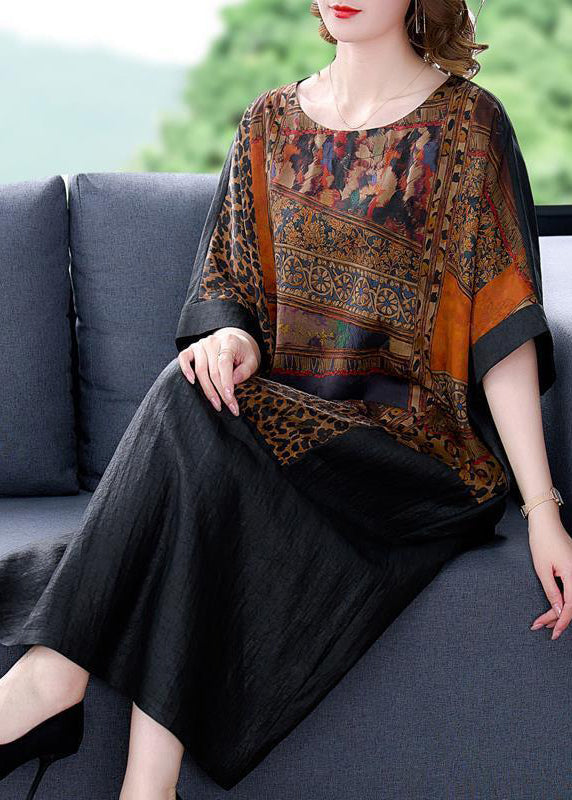 Fine Black Oversized Patchwork Print Silk Vacation Dress Summer