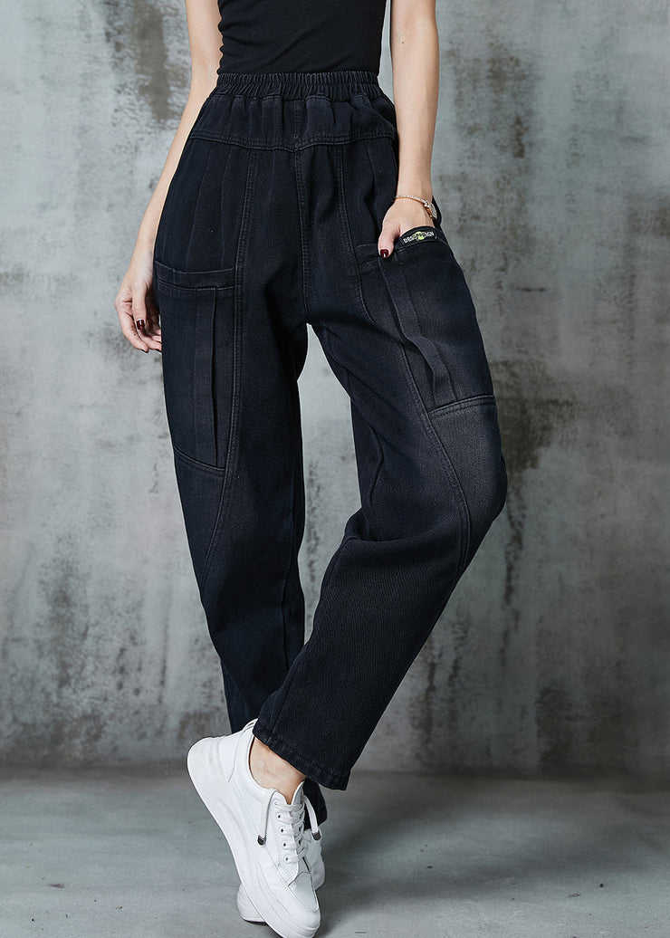 Fine Black Oversized Pockets Denim Harem Pants Spring