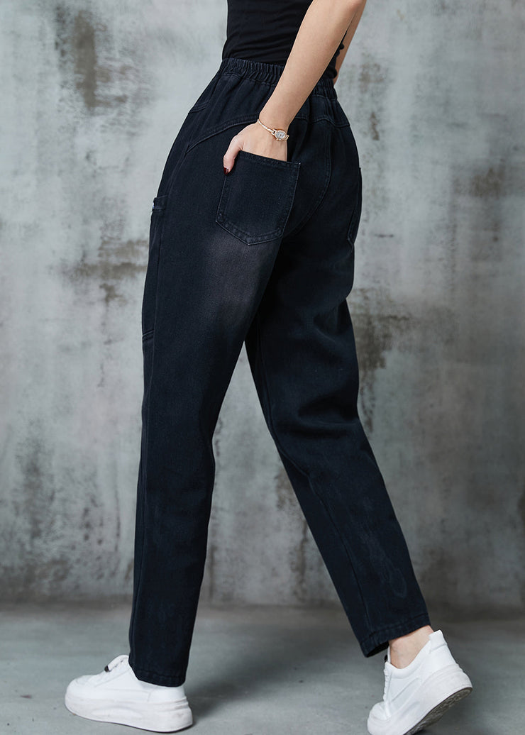 Fine Black Oversized Pockets Denim Harem Pants Spring