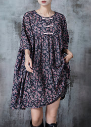 Fine Black Oversized Print Cotton Mid Dress Summer