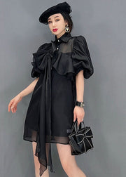 Fine Black Peter Pan Collar Bow Chiffon Long Shirt Tops Lantern Sleeve