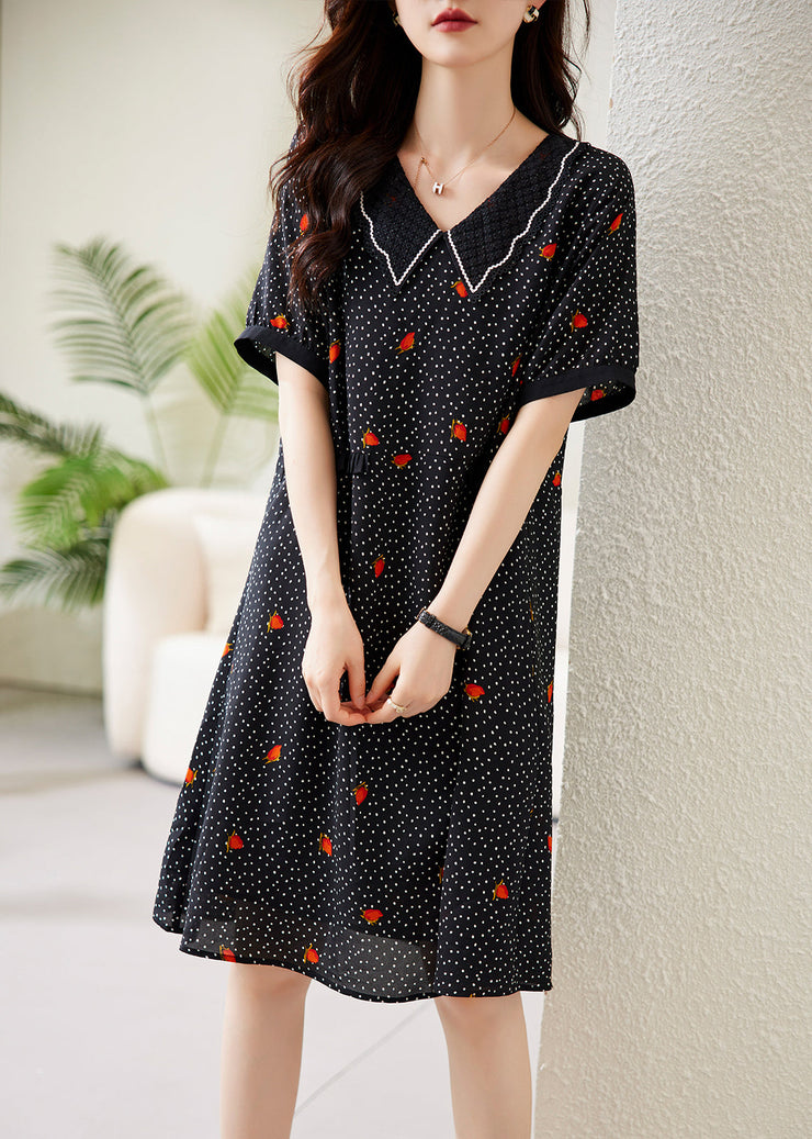 Fine Black Peter Pan Collar Dot Print Chiffon Maxi Dresses Short Sleeve