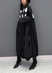 Fine Black Peter Pan Collar Dot Wrinkled Button Maxi Dresses Fall