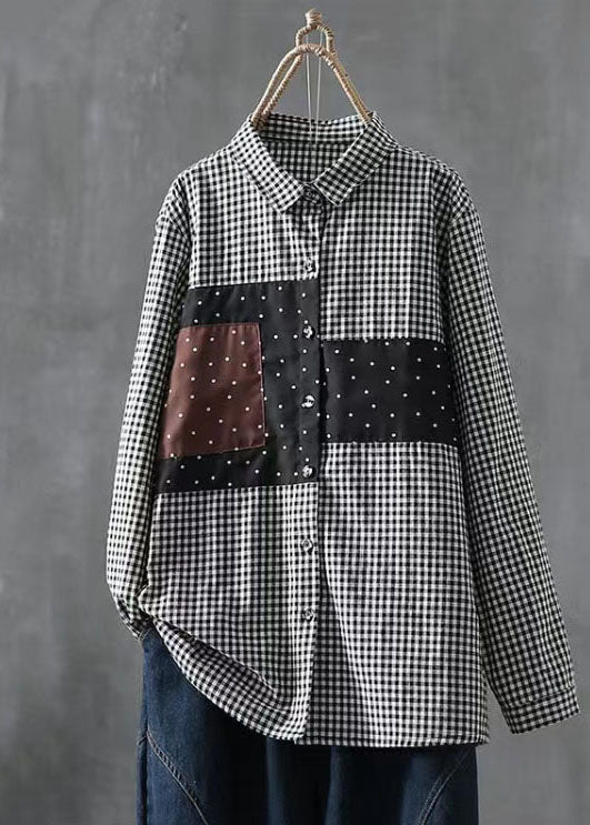 Fine Black Peter Pan Collar Plaid Patchwork Cotton Shirt Fall