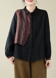 Fine Black Peter Pan Collar Print Button Linen Shirts Long Sleeve