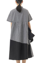 Fine Black Plaid Dot Patchwork Cotton Party Long Shirt Dress Summer