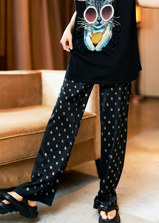 Fine Black Pockets Letter Zircon Patchwork Cotton Straight Pants Fall