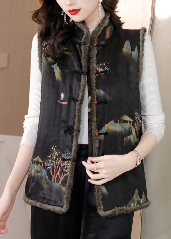 Fine Black Pockets Print Button Mink Hair Waistcoat Winter