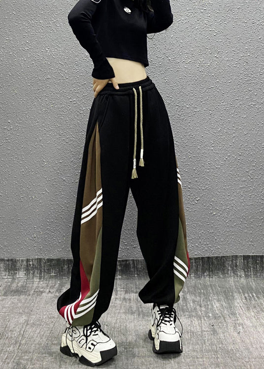 Fine Black Pockets Striped Patchwork Warm Fleece Sport Pants Winter