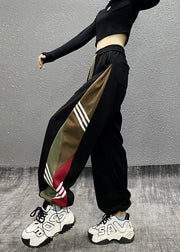 Fine Black Pockets Striped Patchwork Warm Fleece Sport Pants Winter