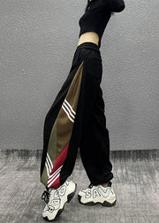 Fine Black Pockets Striped Patchwork Warm Fleece Sport Pants Winter