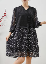 Fine Black Print Patchwork Chinese Button Chiffon Dress Summer