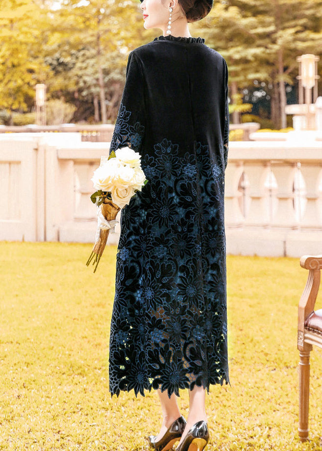 Fine Black Ruffled Embroideried Hollow Out Silk Velour Long Dress Spring