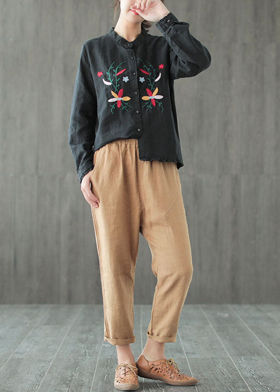 Fine Black Ruffled Embroideried Patchwork Cotton Shirt Tops Long Sleeve