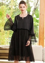 Fine Black Ruffled Patchwork Golden Sequins Chiffon Dress Flare Sleeve