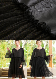 Fine Black Ruffled Patchwork Golden Sequins Chiffon Dress Flare Sleeve