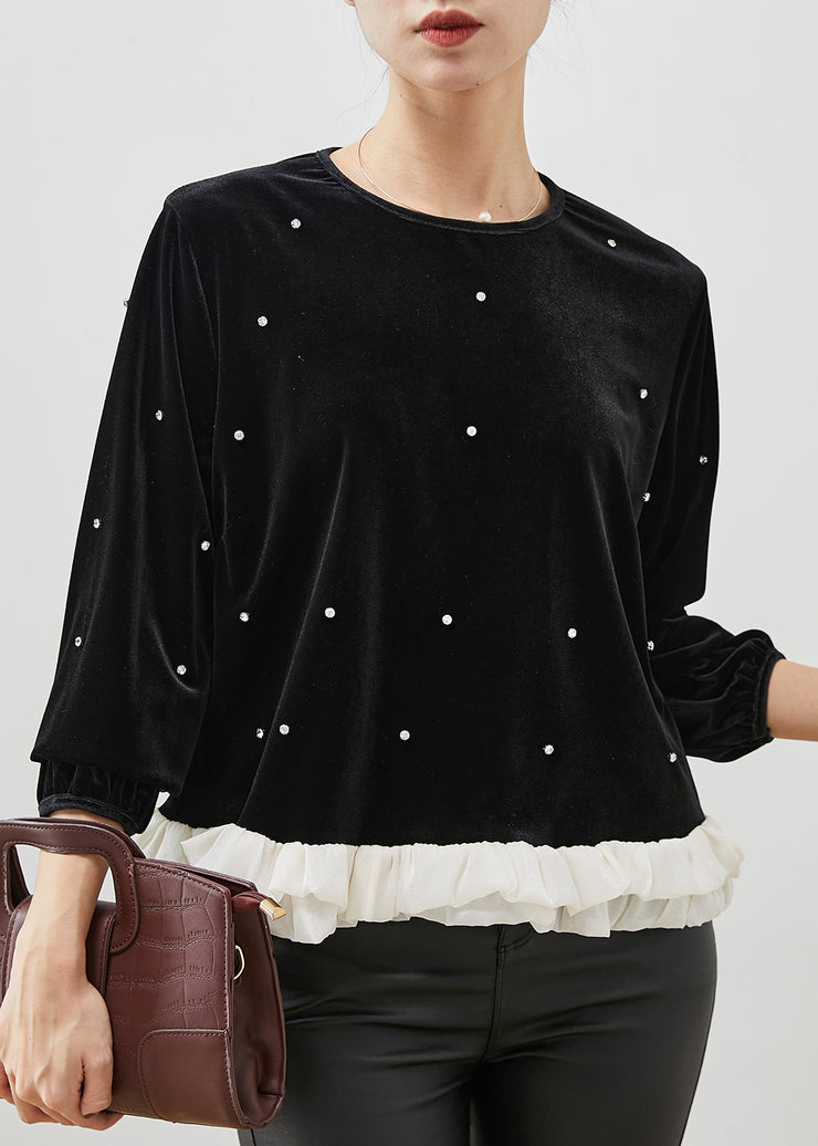 Fine Black Ruffled Patchwork Nail Bead Velour Blouse Tops Spring