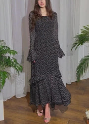 Fine Black Ruffled Print Chiffon Long Dresses Flare Sleeve