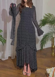 Fine Black Ruffled Print Chiffon Long Dresses Flare Sleeve