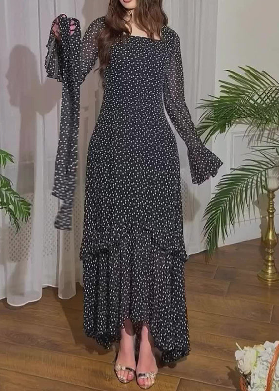 Fine Black Ruffled Print Chiffon Long Dresses Flare Sleeve