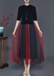 Fine Black Slim Fit Patchwork Tulle Knit Dress Half Sleeve