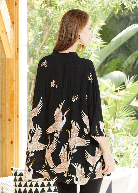 Fine Black Stand Collar Oversized Print Chiffon Top Bracelet Sleeve