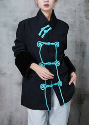 Fine Black Stand Collar Patchwork Chinese Button Cotton Coats Winter