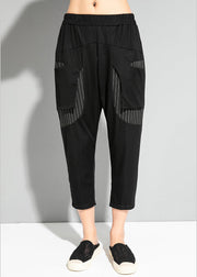 Fine Black Striped Patchwork Pockets Elastic Waist Crop Pants Summer