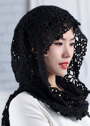 Fine Black Sun Floral Hollow Out Knitted Cotton Cape Hooded Hat