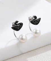 Fine Black Swan Zircon Pearl Stud Earrings