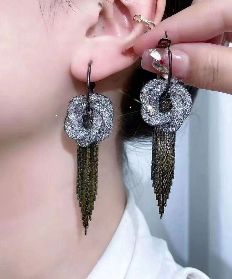 Fine Black Tulle Inlaid Zircon Flowar Tassel Drop Earrings