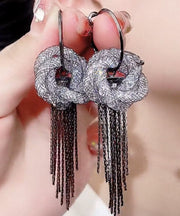 Fine Black Tulle Inlaid Zircon Flowar Tassel Drop Earrings