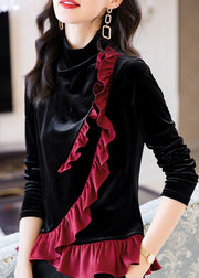 Fine Black Turtle Neck Asymmetrical Patchwork Ruffled Silk Velour Shirt Long Sleeve