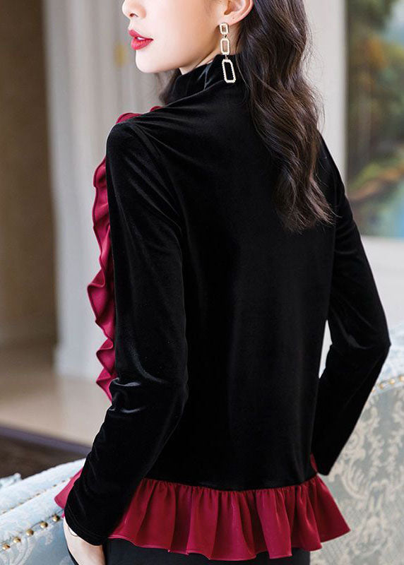 Fine Black Turtle Neck Asymmetrical Patchwork Ruffled Silk Velour Shirt Long Sleeve