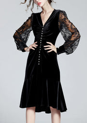 Fine Black V Neck Embroideried Tulle Patchwork Slim Velour Fishtail Dresses Spring