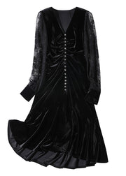 Fine Black V Neck Embroideried Tulle Patchwork Slim Velour Fishtail Dresses Spring