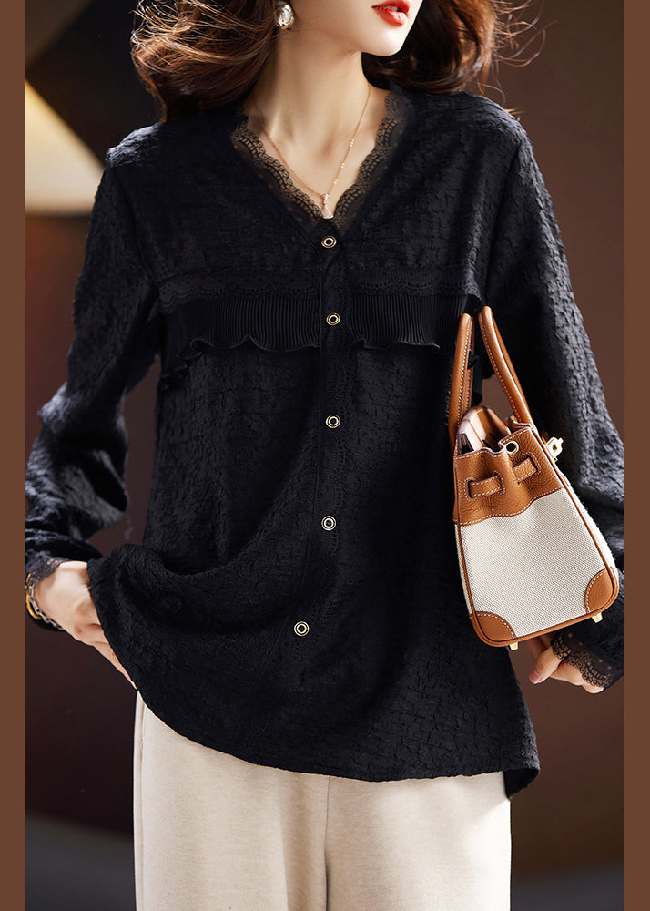 Fine Black V Neck Lace Patchwork Button Shirt Fall