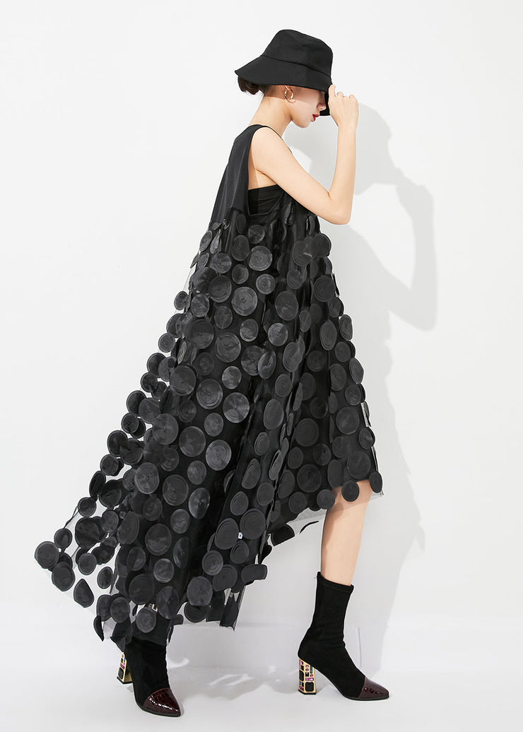 Fine Black V Neck Patchwork Low High Design Tulle Long Dresses Sleeveless