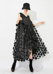 Fine Black V Neck Patchwork Low High Design Tulle Long Dresses Sleeveless