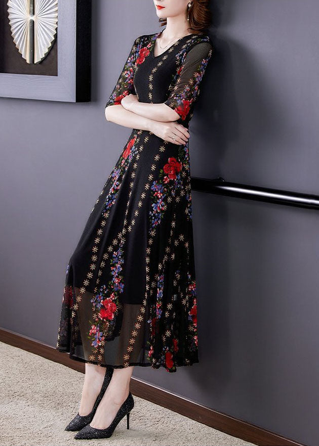 Fine Black V Neck Print Patchwork Tulle Long Dresses Summer