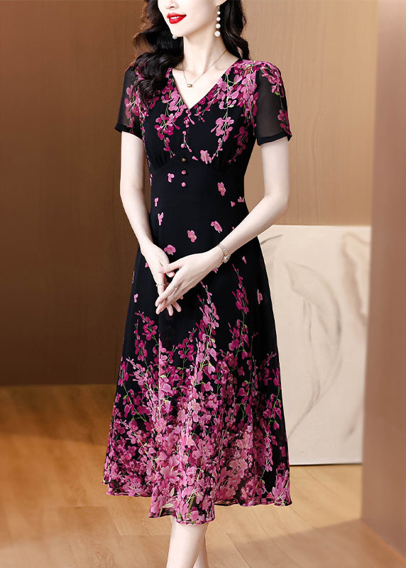 Fine Black V Neck Print Slim Fit Chiffon Dresses Summer