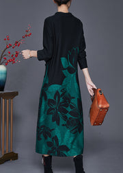 Fine Black V Neck Print Spandex Long Dress Spring