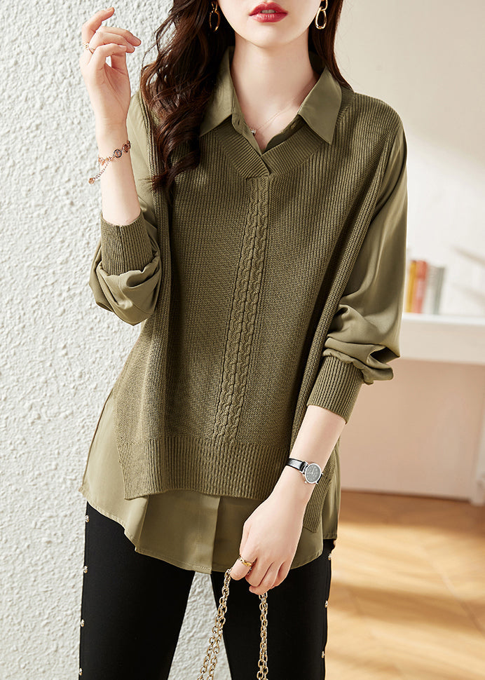 Fine Blackish Green Peter Pan Collar Patchwork Knit Shirt Spring