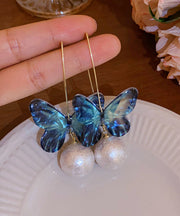 Fine Blue Acrylic Pearl Butterfly Drop Earrings