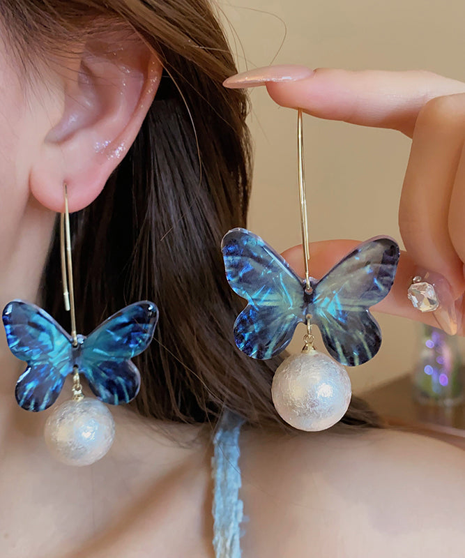 Fine Blue Acrylic Pearl Butterfly Drop Earrings