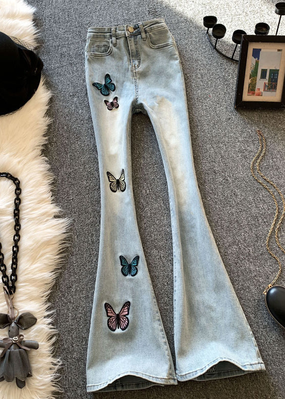 Fine Blue Butterfly Embroidered High Waist Flared Jeans Spring