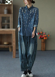 Fine Blue Embroideried Patchwork Cotton Denim Shirt Spring