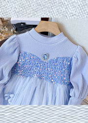 Fine Blue Knit Patchwork Sequins Diamond Tulle Girls Long Dress Fall