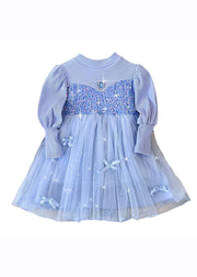 Fine Blue Knit Patchwork Sequins Diamond Tulle Girls Long Dress Fall