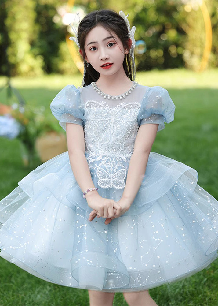 Fine Blue Nail Bead Bow Tulle Girls Maxi Dresses Summer